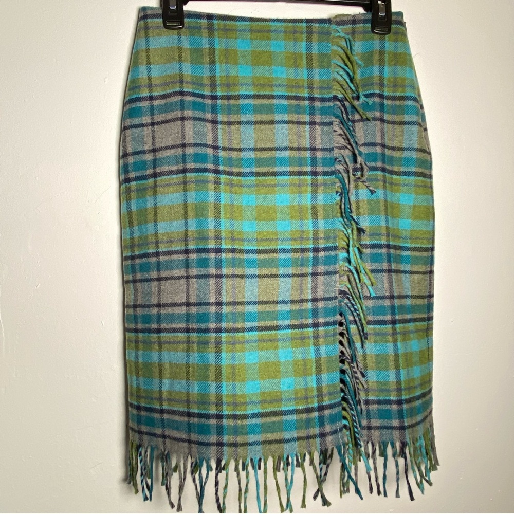 J.Jill Wool 90’s Plaid Fringe Skirt Green Blue Pencil Midi Elevated Winter